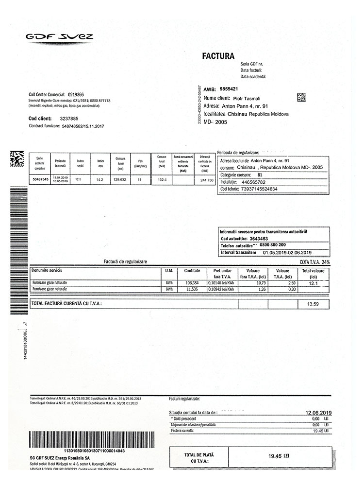 Moldova Gas utility bill template, fully editable in PSD format